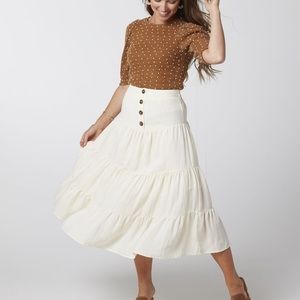 Downeast Cream tiered midi skirt with buttons